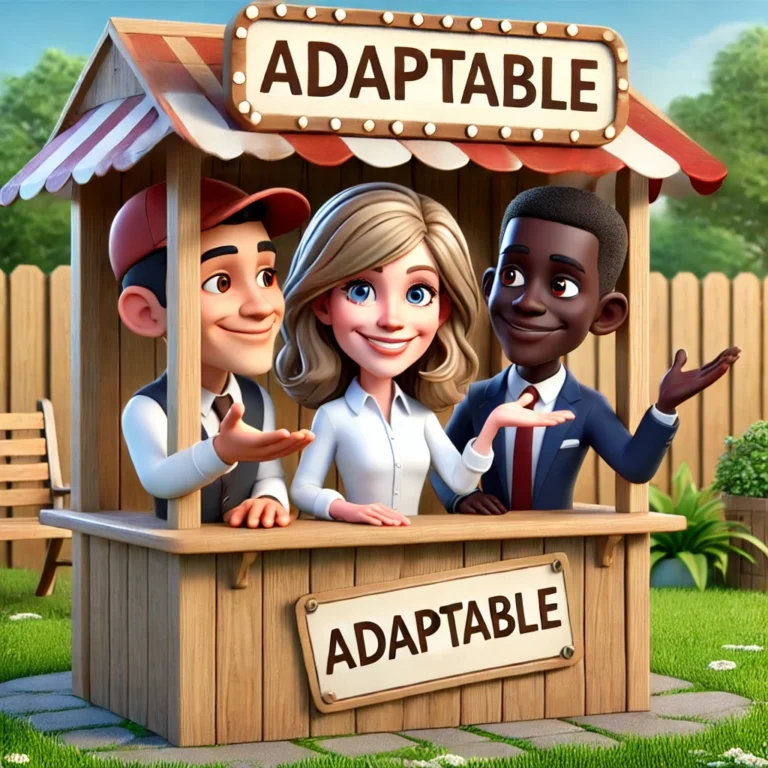 A 3D-animated illustration of three diverse characters standing together at a wooden booth labeled 'Adaptable.' The group, consisting of a man in a cap and work attire, a woman in business casual clothing, and a man in a suit, all smile and gesture warmly. The booth is set outdoors in a sunny yard with a fence and greenery in the background, emphasizing themes of flexibility and adaptability." Keywords: adaptable, 3D animation, flexibility, diversity, teamwork, collaboration, outdoors, booth, illustration, adaptability, unity.