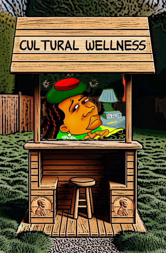 An animated booth labeled "Cultural Wellness" features a character who appears reflective, with a deep expression of thought. The scene is decorated with items that evoke a sense of tradition, possibly representing cultural artifacts. The character, wearing a colorful hat and jewelry, leans thoughtfully, embodying the importance of cultural identity, heritage, and wellness. The booth emphasizes the theme of maintaining cultural roots while fostering well-being and understanding. Keywords: Cultural wellness, animated booth, cultural identity, tradition, heritage, reflection, well-being, cultural roots, thoughtful character, animated illustration.