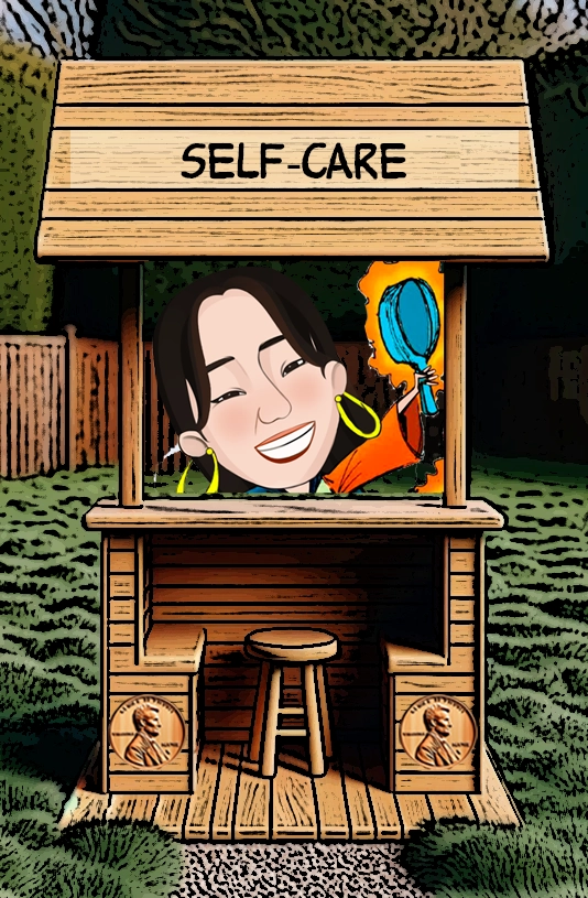 An animated booth labeled "Self-Care" features a joyful character holding up a mirror, symbolizing self-reflection and personal growth. The character is smiling brightly, emphasizing a positive attitude towards taking care of oneself. The booth's backdrop adds a whimsical touch to the concept of self-care, suggesting that prioritizing personal well-being is a fun and rewarding experience. Keywords: Self-care, personal growth, reflection, animated booth, joyful character, wellness, positive attitude, self-reflection, personal well-being, animated illustration.