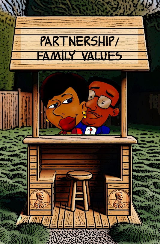 A cartoon illustration of a wooden booth labeled "Partnership / Family Values." Inside the booth, a couple stands closely together, with the woman in front and the man smiling behind her. Both characters appear happy and content, representing themes of partnership and family. The booth features penny motifs on its sides, and the background depicts an outdoor setting, adding a touch of warmth and unity to the scene. Keywords: Partnership, family values, relationships, cartoon couple, family, love, commitment, animated life, wooden booth, unity.