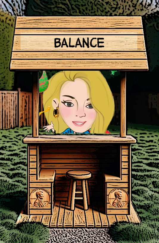 An animated booth labeled "Balance" features a character with blonde hair and a calm expression. The character, dressed in a blue top with gold earrings, exudes a sense of poise and equilibrium. The booth stands in a grassy background, symbolizing the pursuit of maintaining balance in life through a peaceful and steady demeanor. Keywords: Balance, calm, animated booth, equilibrium, peaceful, steady, character, poise, lifestyle balance, animated illustration.