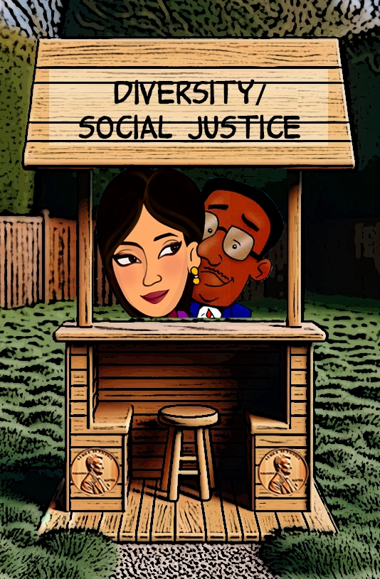 A cartoon depiction of a wooden booth labeled "Diversity/Social Justice." Inside the booth are two characters, a woman with long dark hair and a man with glasses, representing diverse individuals. They stand close together, conveying unity and solidarity. The booth is decorated with penny motifs, symbolizing dialogue and exchange around important social issues. Keywords: Diversity, social justice, cartoon characters, animated life, equality, unity, advocacy, inclusion, representation, dialogue.