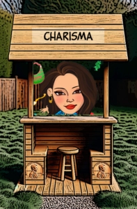 A cartoon illustration of a wooden booth labeled "Charisma." Inside the booth is a confident woman with long dark hair, wearing hoop earrings and a charming expression. Her pose and demeanor exude charisma and magnetism. The booth features penny motifs on its sides, and the outdoor setting adds to the lively, captivating energy of the scene. Keywords: Charisma, confidence, charm, magnetism, cartoon woman, animated life, wooden booth, captivating, personality, style.