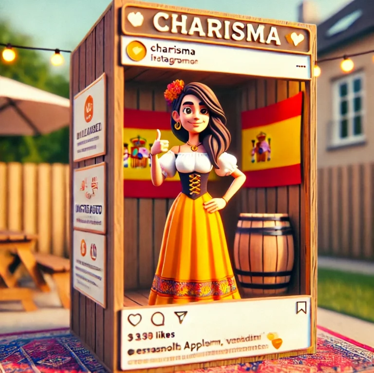 An animated character dressed in traditional Spanish attire stands confidently inside an Instagram-style wooden booth with the word 'Charisma' displayed at the top. The booth is decorated with Spanish flags and barrels, and the scene is set outdoors with string lights in the background. Charisma Instagram booth Spanish culture animated character traditional attire outdoor festival social media