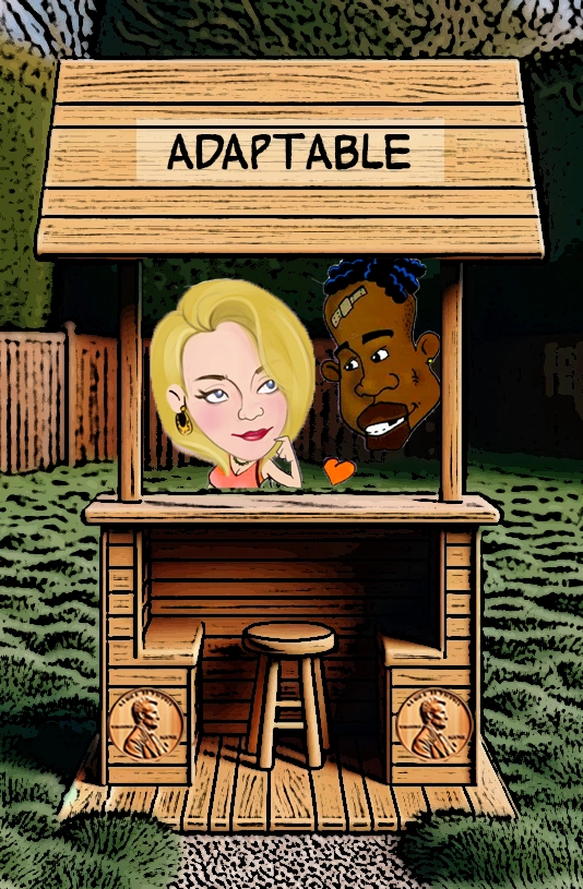 A cartoon illustration of a wooden booth labeled "Adaptable." Inside the booth are two characters, one with blonde hair and the other with dark hair, both smiling and engaging with each other. Their friendly expressions and interaction symbolize adaptability and openness to change. The booth features penny motifs on its sides, and the outdoor background adds a sense of flexibility and warmth to the scene. Keywords: Adaptability, openness, flexibility, cartoon characters, animated life, wooden booth, change, connection, diversity, friendliness.