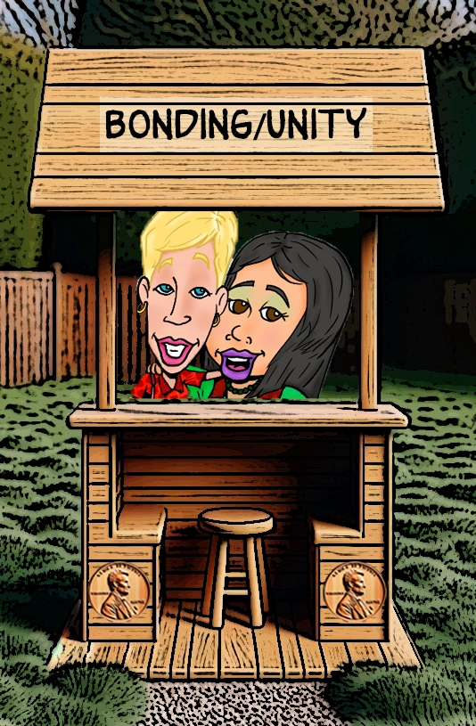 A cartoon illustration of a wooden booth labeled "Bonding/Unity." Inside the booth are two smiling characters, one with blonde hair and the other with dark hair, standing close together, symbolizing friendship and togetherness. The booth features penny motifs on its sides and is set in an outdoor environment, emphasizing the themes of connection, unity, and bonding. Keywords: Bonding, unity, friendship, togetherness, cartoon characters, connection, animated life, wooden booth, unity, support.