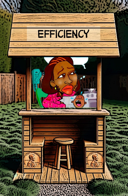 An animated booth labeled "Efficiency" features a tired-looking character sitting in front of a chaotic background. The character is juggling tasks such as laundry and caring for a crying baby, highlighting the challenges of maintaining efficiency amidst a busy, multi-tasking lifestyle. The booth serves as a humorous representation of the struggle to stay productive in the face of overwhelming responsibilities. Keywords: Efficiency, multitasking, animated booth, busy lifestyle, productivity, overwhelmed, humorous illustration, character, challenges, responsibility.