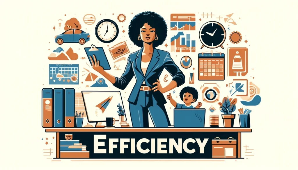 Illustration of a confident woman standing behind a desk, holding a clipboard, symbolizing efficiency in the workplace. The background features various icons representing time management, productivity, and work-life balance, including clocks, charts, calendars, and folders. A small child sits at a desk beside her, showing how she manages both work and parenting responsibilities. workplace efficiency time management productivity tips work-life balance professional woman multitasking business success organizational skills modern office leadership