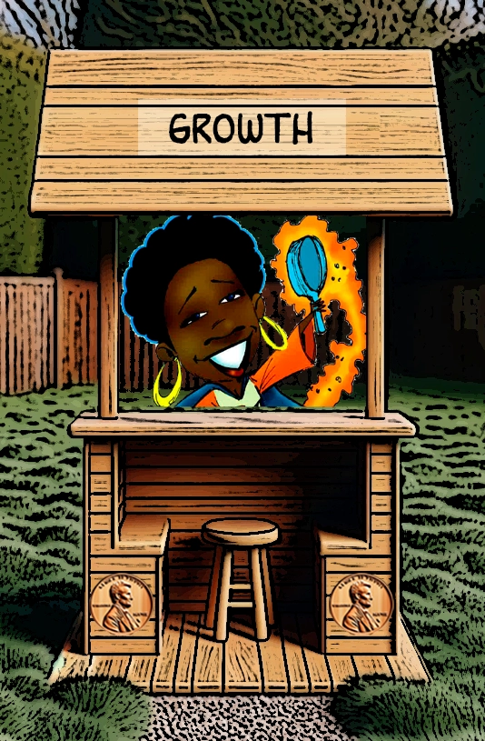 A cartoon illustration of a wooden booth labeled "Growth." Inside the booth is a smiling woman with an afro, wearing large hoop earrings, and holding a mirror surrounded by a fiery glow. Her confident expression and the glowing effect symbolize personal growth and transformation. The booth features penny motifs on its sides, and the outdoor setting highlights the theme of self-improvement and empowerment. Keywords: Growth, personal development, transformation, cartoon woman, confidence, animated life, wooden booth, self-improvement, empowerment, fiery glow.