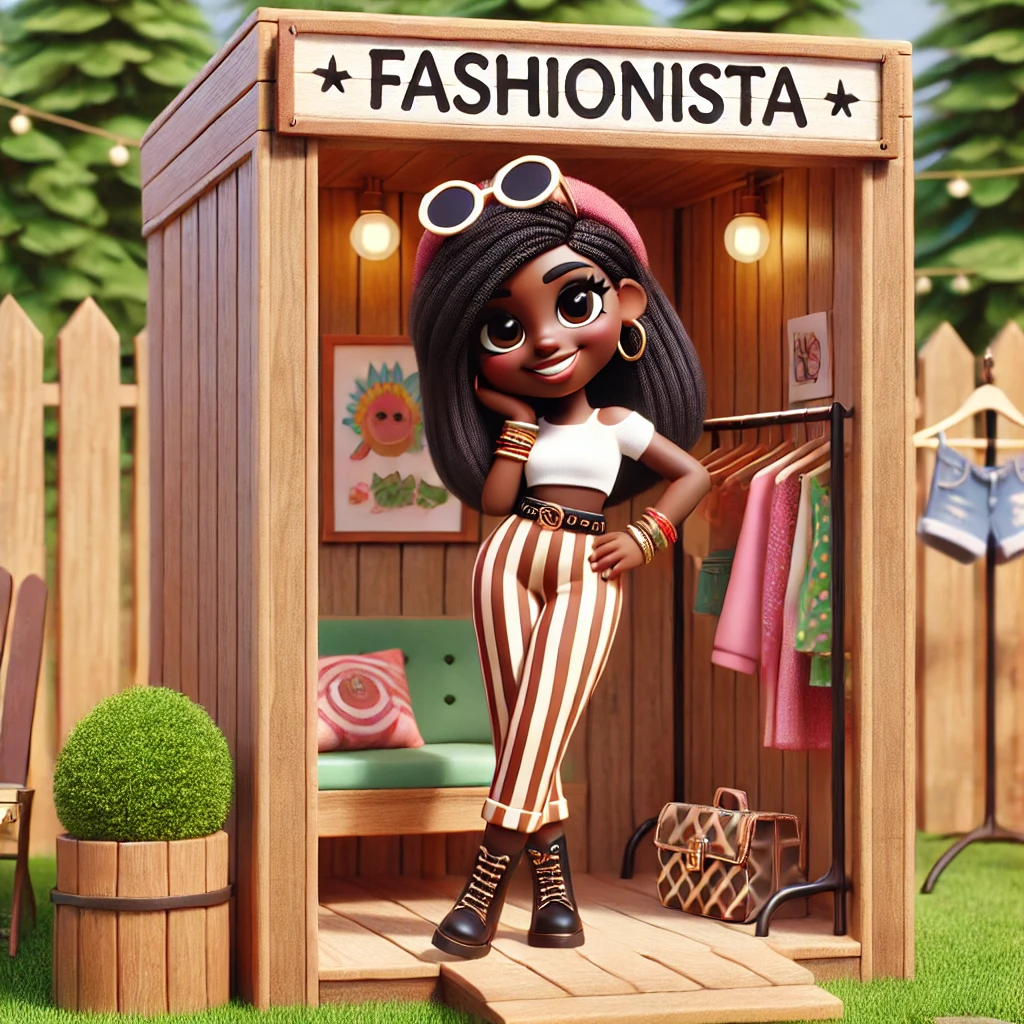 A vibrant cartoon-style illustration of a fashionable young woman standing confidently inside a wooden booth labeled 'Fashionista.' She is wearing stylish striped pants, a white crop top, black lace-up boots, and accessorized with gold bracelets, earrings, and a belt. Behind her is a display of clothing on a rack and a chic handbag, with a cozy seating area and framed art creating a trendy boutique vibe." Fashionista Style Fashion boutique Trendy outfit Cartoon character Fashion illustration Stylish woman Clothing rack Accessories Fashion booth Confidence Boutique setting