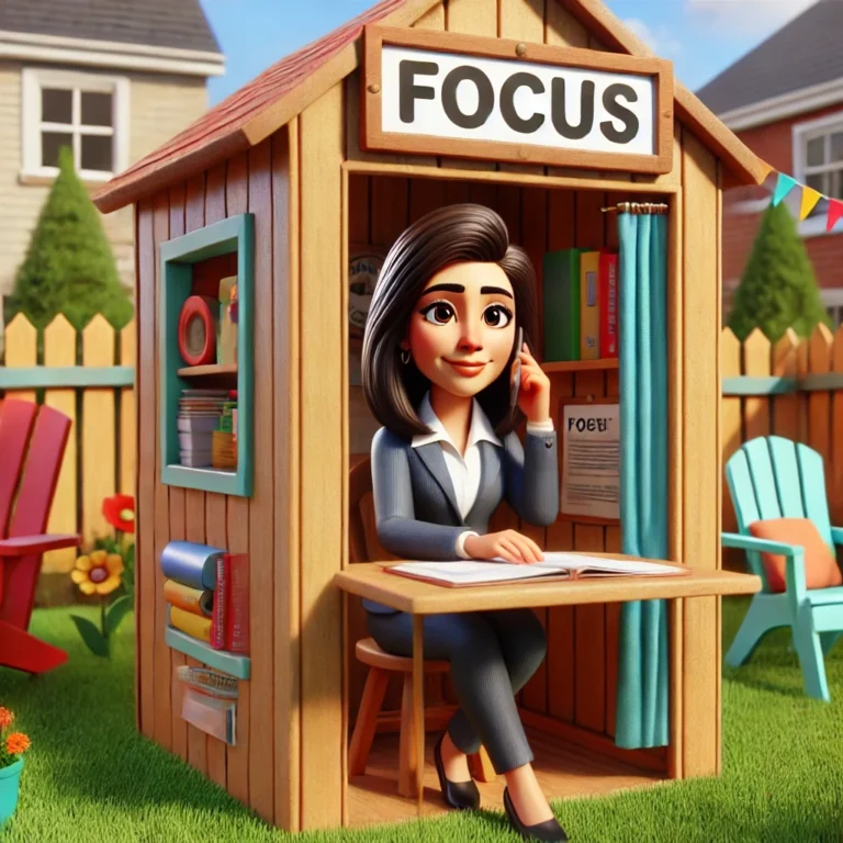 A 3D-animated illustration of a professional woman sitting at a small wooden booth labeled 'FOCUS.' She is wearing a business suit and has a thoughtful expression as she sits at a desk with an open book. The booth is decorated with books and papers, and the setting is outdoors in a colorful, well-kept yard with flowers and Adirondack chairs, creating a calm and productive atmosphere." Keywords: focus, 3D animation, professional, businesswoman, concentration, productivity, outdoor, booth, work, illustration, organization, calm atmosphere.