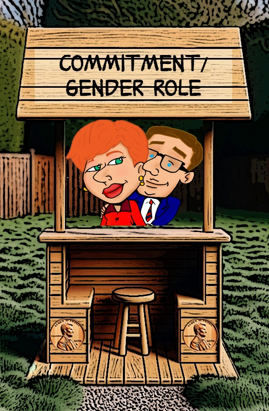 A cartoon-style illustration of a wooden booth labeled "Commitment / Gender Roles." Inside the booth are two characters, a woman with red hair and earrings, and a man with glasses, both smiling and leaning toward each other. The booth features penny motifs on its sides, set against an outdoor backdrop. The image humorously touches on themes of commitment and gender roles within relationships. Keywords: Commitment, gender roles, relationships, cartoon couple, humor, partnership, animated life, wooden booth, gender dynamics, lighthearted illustration.