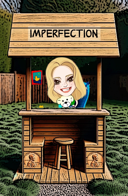 A whimsical cartoon booth labeled "Imperfection," featuring a smiling blonde woman holding a small stuffed teddy bear. The booth has playful touches, such as a children's drawing of a duck hanging on the wall, adding to the charming and lighthearted nature of the scene. The booth also has penny motifs, symbolizing the value of embracing flaws and imperfections. Keywords: Imperfection, cartoon, animated booth, self-acceptance, charm, playful, teddy bear, flaws, personal growth, embracing imperfection.