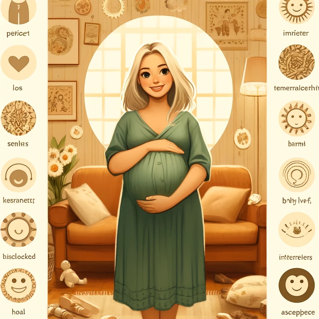 "Illustration of a smiling pregnant woman standing in a cozy, sunlit living room. She cradles her baby bump with both hands while surrounded by soft, earthy tones and baby-themed decor, including toys and framed artwork on the walls. The scene exudes warmth, comfort, and anticipation. pregnancy expectant mother baby bump cozy living room motherhood baby decor nurturing warm atmosphere prenatal care maternity