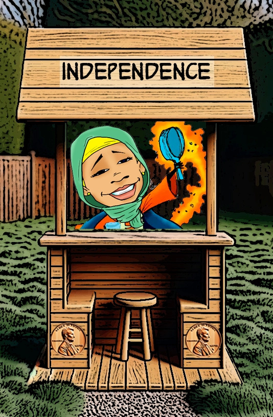 A cartoon illustration of a wooden booth labeled "Independence." Inside the booth is a cheerful woman wearing a headscarf, holding a mirror and smiling confidently. Behind her, a fiery glow adds a dynamic and empowering effect, symbolizing her independence and strength. The booth features penny motifs on its sides, and the outdoor setting enhances the message of self-reliance and empowerment. Keywords: Independence, empowerment, confidence, cartoon woman, headscarf, self-reliance, strength, animated life, wooden booth, fiery glow, freedom.