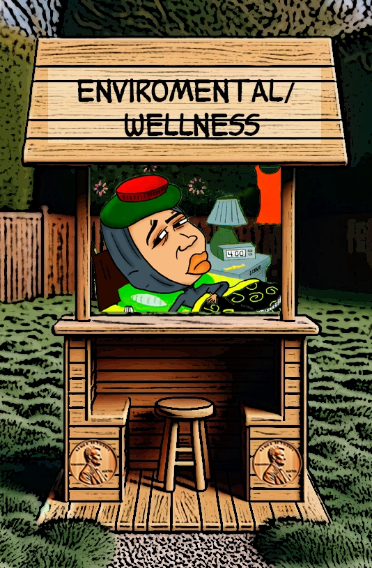 A cartoon illustration of a wooden booth labeled "Environmental Wellness." Inside the booth is a character looking tired and wrapped in a blanket, wearing a hat with an ice pack on top. The booth features penny motifs on its sides, and the background is set outdoors. The scene humorously represents the importance of environmental wellness and its impact on one's physical and mental state. Keywords: Environmental wellness, health, cartoon character, physical wellness, animated life, wooden booth, environment, humor, rest, well-being.