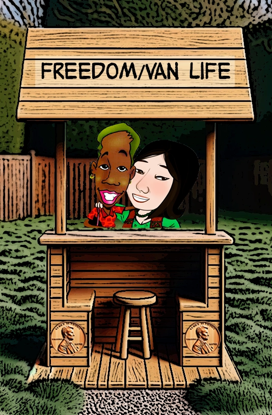 A cartoon illustration of a wooden booth labeled "Freedom/Van Life." Inside the booth are two characters, one with a green mohawk and the other with dark hair, both smiling happily. They embody the themes of freedom and adventure associated with van life. The booth has penny motifs on its sides, and the outdoor background adds to the carefree and adventurous vibe of the image. Keywords: Freedom, van life, adventure, cartoon characters, travel, carefree, animated life, wooden booth, smiling, exploration.