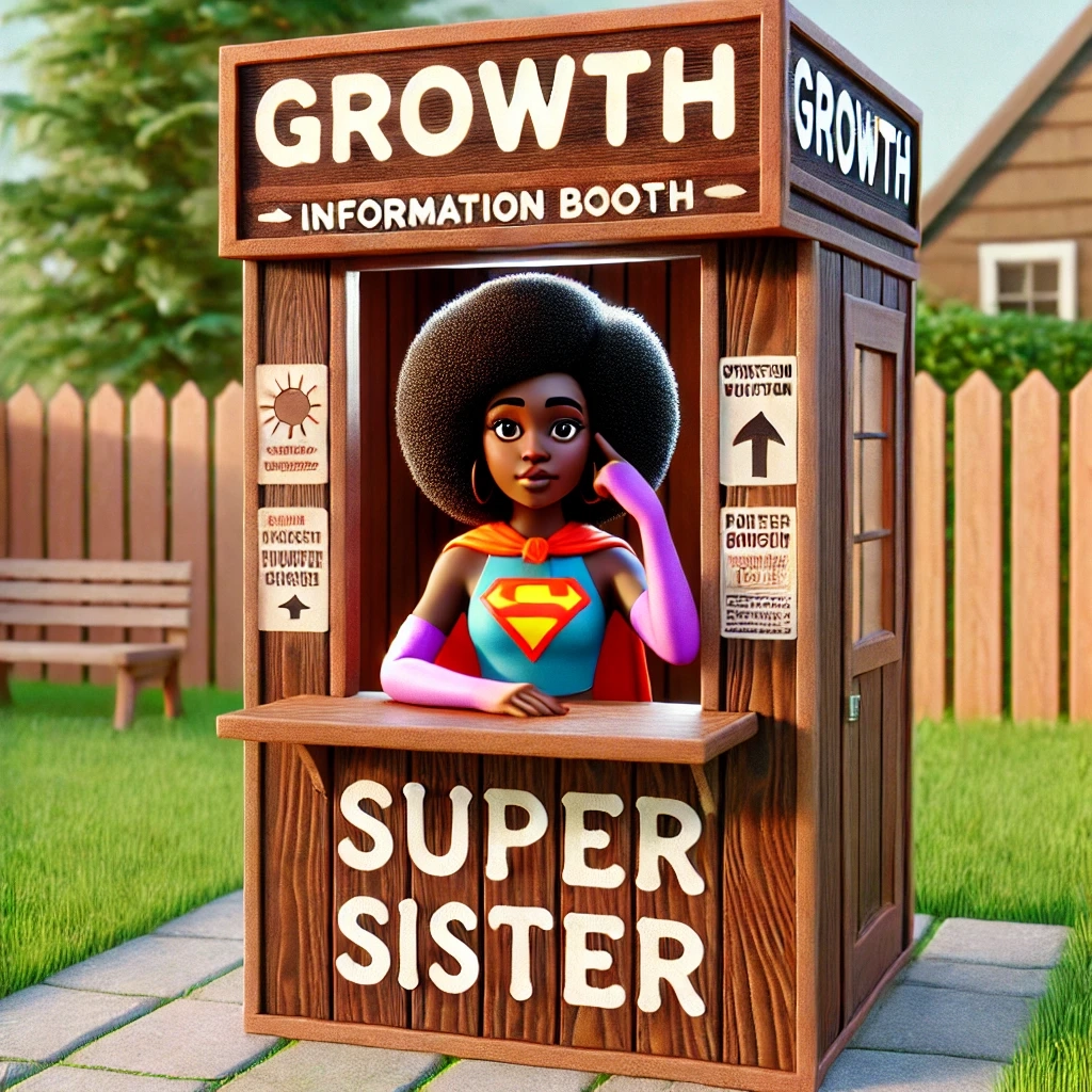 An animated character with a large afro and superhero outfit sits in a wooden booth labeled "Growth Information Booth." The front of the booth reads "Super Sister," signifying strength, growth, and empowerment. The character is wearing a cape with a Superman-like symbol, and she has a thoughtful, confident expression. The background features a serene yard with a wooden fence, a bench, and trees. Keywords: growth, super sister, empowerment, superhero, personal development, strength, afro, wellness journey, animated character, supportive community.