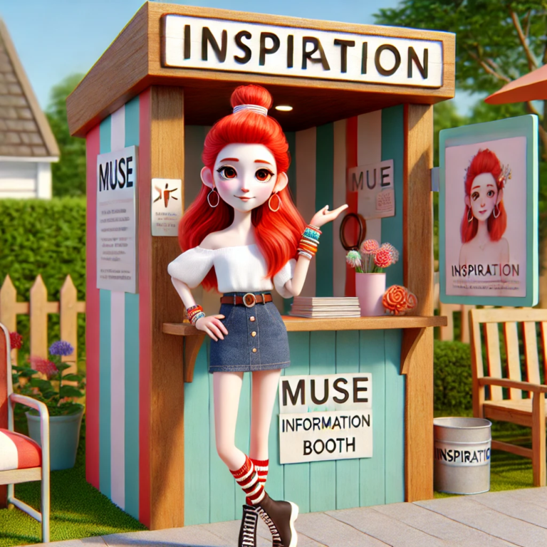 A colorful cartoon-style illustration of a young woman with vibrant red hair styled in a high bun, standing confidently at a wooden booth labeled 'Inspiration.' She is dressed in a trendy white off-the-shoulder top and a denim skirt, accessorized with striped socks, black boots, and multiple bracelets. The booth is adorned with signs reading 'MUSE Information Booth' and a poster of the woman herself. The setting is playful and motivational, with a vibrant garden background and inspirational decor." Keywords: Inspiration Muse Cartoon character Red-haired woman Motivational booth Trendy fashion Denim skirt Off-the-shoulder top Empowerment Creative setting Inspiration booth Playful illustration