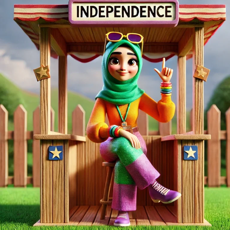 A cheerful animated young woman wearing a vibrant hijab sits confidently in a wooden booth labeled "Independence." She is dressed in a colorful, bold outfit, featuring a green scarf, an orange top, and purple-and-pink patchwork pants, paired with purple shoes. She raises her hand with an expression of empowerment. The booth is decorated with star emblems, set against a background of green hills and a wooden fence. Keywords: independence, animated character, empowerment, vibrant outfit, hijab, confident woman, personal strength, freedom, self-expression, wellness journey.