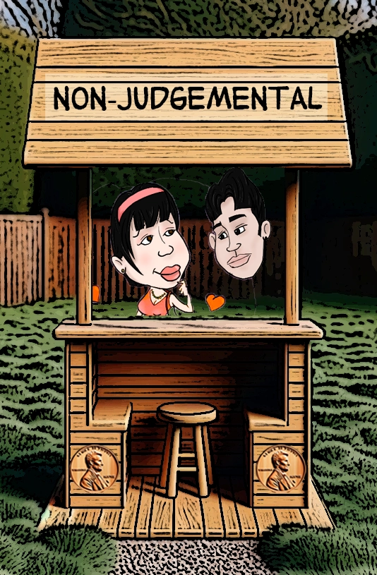 An animated booth labeled "Non-Judgmental" features two characters. One character has an expression of contemplation, while the other gazes with a friendly demeanor. The setting promotes the concept of open-mindedness, kindness, and the absence of judgment. The characters appear to be engaged in a supportive dialogue, conveying the importance of accepting others without preconceived notions. Keywords: Non-judgmental, open-mindedness, acceptance, supportive conversation, kindness, animated booth, thoughtful characters, judgment-free zone, positive dialogue, animated illustration.