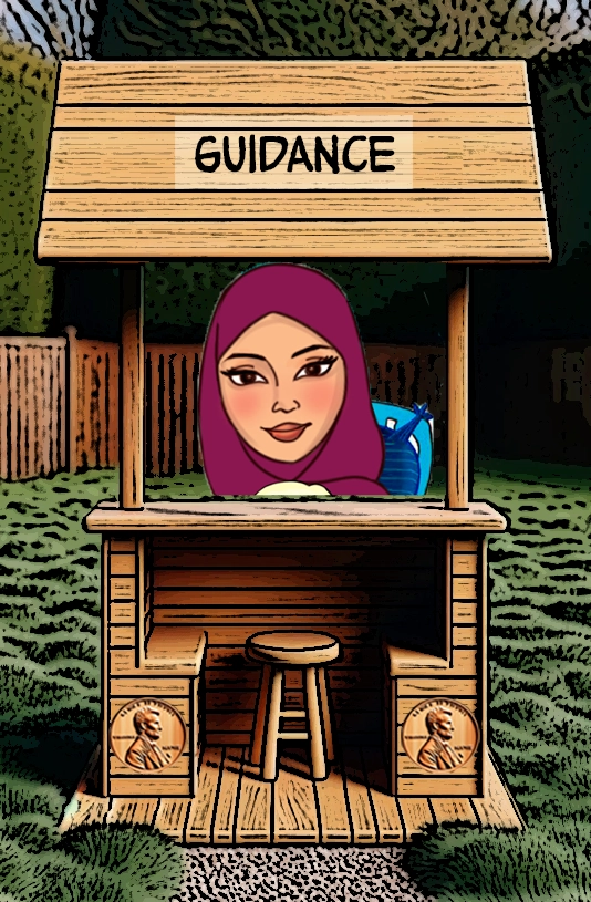 A cartoon illustration of a wooden booth labeled "Guidance." Inside the booth is a serene woman wearing a purple hijab and smiling gently, exuding wisdom and warmth. The booth features penny motifs on its sides, and the outdoor setting suggests a peaceful environment where one can seek and provide guidance. Keywords: Guidance, wisdom, hijab, cartoon woman, animated life, wooden booth, mentorship, advice, support, peacefulness.