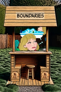 An animated booth labeled "Boundaries" features a thoughtful character with a contemplative expression. The character seems to be reflecting deeply, possibly setting mental boundaries while balancing various demands. The booth evokes themes of self-care, emotional space, and personal limits, encouraging the concept of establishing and maintaining boundaries in everyday life. Keywords: Boundaries, animated booth, self-care, personal space, emotional boundaries, reflection, mental balance, maintaining limits, thoughtful character, self-protection.