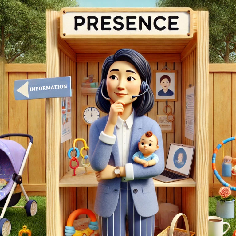 An animated woman stands in a small wooden booth labeled "Presence." She wears a blue suit, holds a baby in her arms, and is wearing a headset, suggesting she is multitasking as a working mother. The booth is filled with items like baby toys, a laptop, and a stroller. A sign next to the booth reads "INFORMEINE," pointing to more information. The scene highlights a balance between professional and parental responsibilities in a nurturing, organized environment. Keywords: Presence, working mother, balance, multitasking, professional and parental roles, animated life, nurturing environment, organized living, motherhood, career.