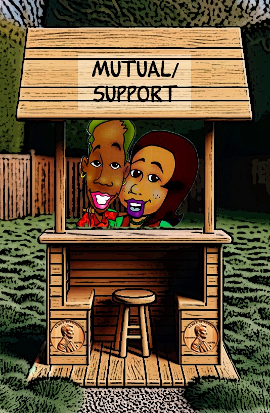 An animated booth labeled "Mutual Support" features two smiling characters standing close together, representing a sense of camaraderie and togetherness. The booth has a warm and inviting atmosphere, with penny symbols on the side, highlighting the value of mutual care and support. The backdrop gives off a playful yet supportive energy, emphasizing the importance of partnership and unity. Keywords: Mutual support, animated booth, camaraderie, unity, compassion, togetherness, teamwork, partnership, care, value of support.