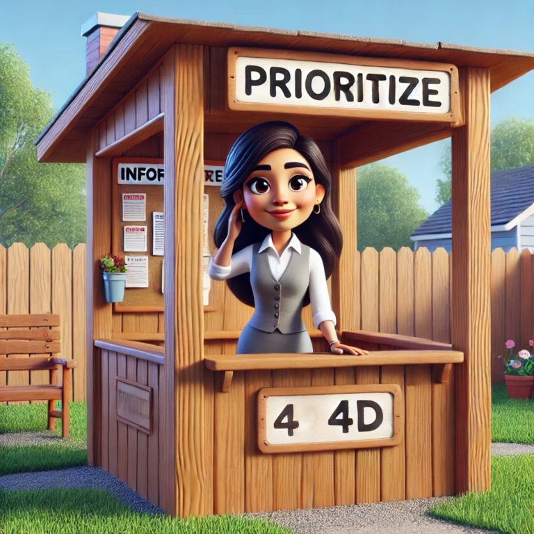 A cartoon-style illustration featuring a young woman standing inside a wooden booth labeled 'Prioritize.' She is dressed in business attire, smiling confidently, with a notice board filled with information behind her. The booth is set in a calm outdoor environment with a fenced backyard, flowers, and a wooden bench nearby, evoking a sense of focus and organization."