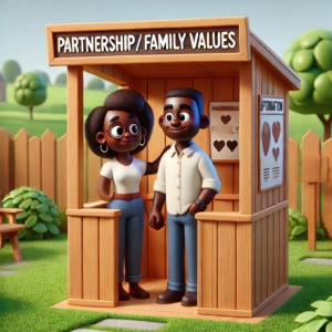 A 3D-animated illustration of a smiling Black couple standing together in front of a wooden booth labeled 'Partnership / Family Values.' The couple, dressed casually, are holding hands and appear affectionate and happy. The booth features signs related to family values, and the setting is in a pleasant outdoor area with a well-kept yard, trees, and a wooden fence in the background, creating a warm and inviting atmosphere." Keywords: partnership, family values, 3D animation, couple, love, family, outdoors, booth, affection, community, relationship, illustration, wellness.