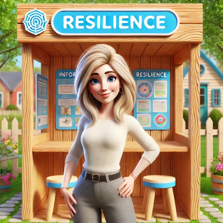 An animated woman with long blonde hair, dressed in a cream-colored top and gray pants, stands confidently in front of a wooden booth labeled "Resilience." The booth has informational posters on resilience displayed on the walls. The background shows a peaceful neighborhood with a picket fence, trees, and houses. Keywords: resilience, booth, animated woman, confidence, informational, blonde hair, neighborhood, peaceful, empowerment, strength.