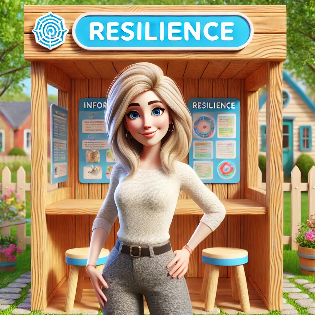 An animated woman with long blonde hair, dressed in a cream-colored top and gray pants, stands confidently in front of a wooden booth labeled "Resilience." The booth has informational posters on resilience displayed on the walls. The background shows a peaceful neighborhood with a picket fence, trees, and houses. Keywords: resilience, booth, animated woman, confidence, informational, blonde hair, neighborhood, peaceful, empowerment, strength.