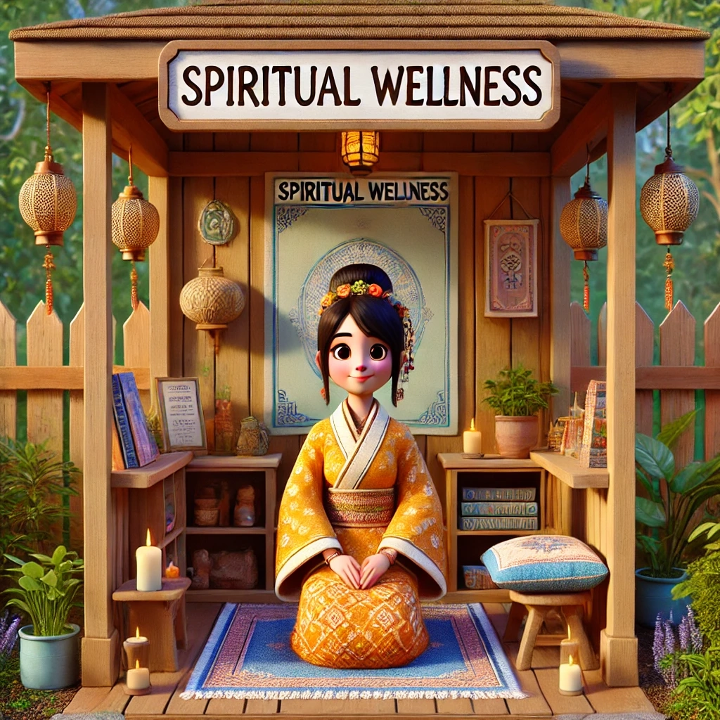 A serene animated woman sits peacefully in a small, tranquil wooden spiritual wellness hut. She wears a traditional orange kimono with floral patterns and has a flower crown adorning her head. The cozy hut is decorated with hanging lanterns, candles, books, plants, and spiritual art. The woman is seated on a blue mat, surrounded by calming elements, with a sign that reads "Spiritual Wellness" above her. Keywords: Spiritual wellness, tranquility, peace, meditation, spiritual practice, wellness hut, animated life, traditional attire, calm environment, holistic wellness, mindfulness.