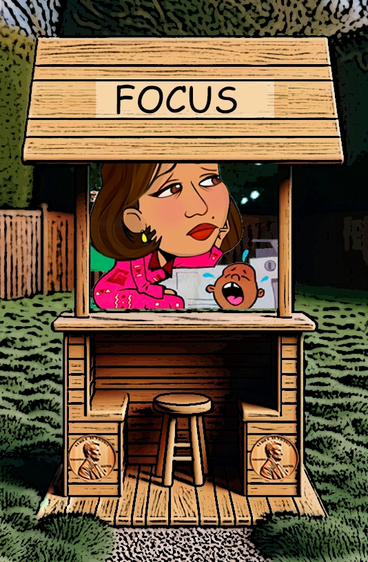 A cartoon illustration of a wooden booth labeled "Prioritize." Inside the booth is a woman with a contemplative expression, resting her head on her hand, as a baby cries in the background. The scene humorously portrays the challenge of balancing tasks and responsibilities. The booth has penny motifs on its sides, adding to the lighthearted atmosphere. Keywords: Prioritize, multitasking, balance, responsibilities, cartoon woman, crying baby, humor, contemplation, animated life, wooden booth.