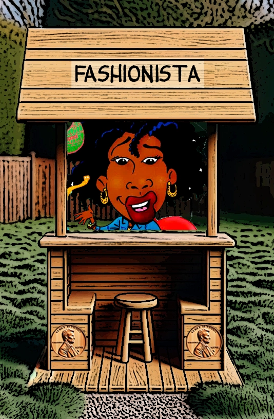 A cartoon illustration of a wooden booth labeled "Fashionista." Inside the booth, a stylish woman with curly hair, gold hoop earrings, and a confident smile stands prominently. Her fashionable appearance and vibrant personality exude a sense of flair and authenticity. The booth features penny motifs on its sides, and the outdoor setting adds a fun and lively atmosphere to the scene. Keywords: Fashionista, style, confidence, authenticity, cartoon woman, fashion, animated life, wooden booth, vibrant personality, flair.