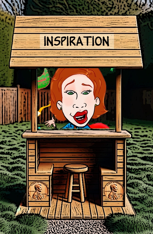 A cartoon illustration of a wooden booth labeled "Inspiration." Inside the booth is a cheerful woman with bright red hair and a welcoming smile, exuding an air of positivity and creativity. The booth features penny motifs on its sides, and the outdoor setting emphasizes the theme of sparking inspiration and encouraging motivation. Keywords: Inspiration, creativity, positivity, cartoon woman, animated life, wooden booth, motivation, encouragement, uplifting, smile.