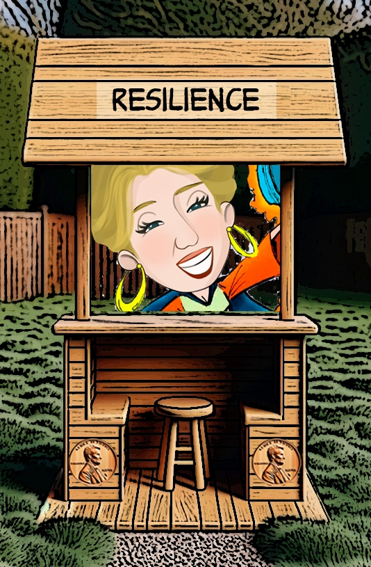 A cartoon illustration of a wooden booth labeled "Resilience." Inside the booth is a cheerful woman with blonde hair, large hoop earrings, and a bright smile. She appears lively and full of energy, symbolizing resilience and strength. The booth features penny motifs on its sides, and the scene is set against an outdoor background, adding a sense of determination and optimism. Keywords: Resilience, strength, cheerful, optimism, cartoon woman, perseverance, animated life, wooden booth, energetic, positive attitude.