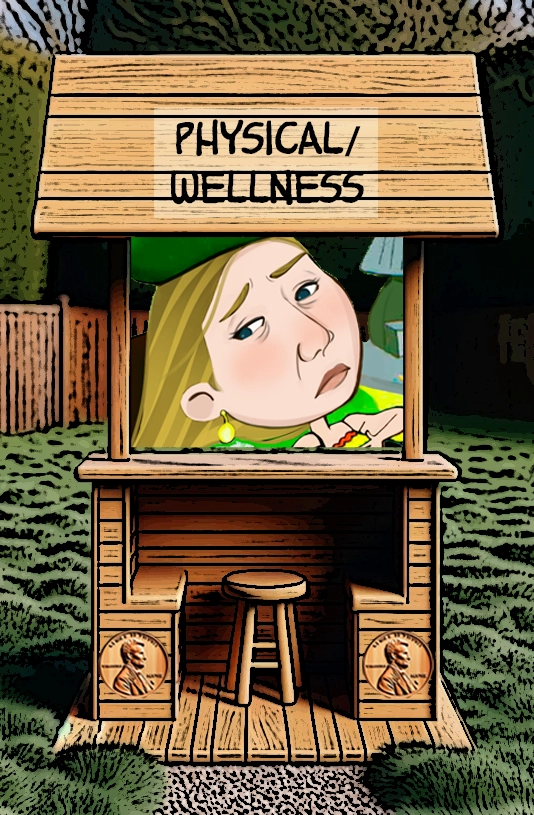 A cartoon illustration of a wooden booth labeled "Physical Wellness." Inside the booth is a woman with a tired or unwell expression, lying down as if seeking rest or recovery. The booth has penny motifs on its sides, and the outdoor background adds contrast to the focus on health and physical well-being. The scene humorously conveys the challenges of maintaining physical wellness. Keywords: Physical wellness, health, recovery, cartoon woman, well-being, animated life, wooden booth, rest, wellness challenges, humor.