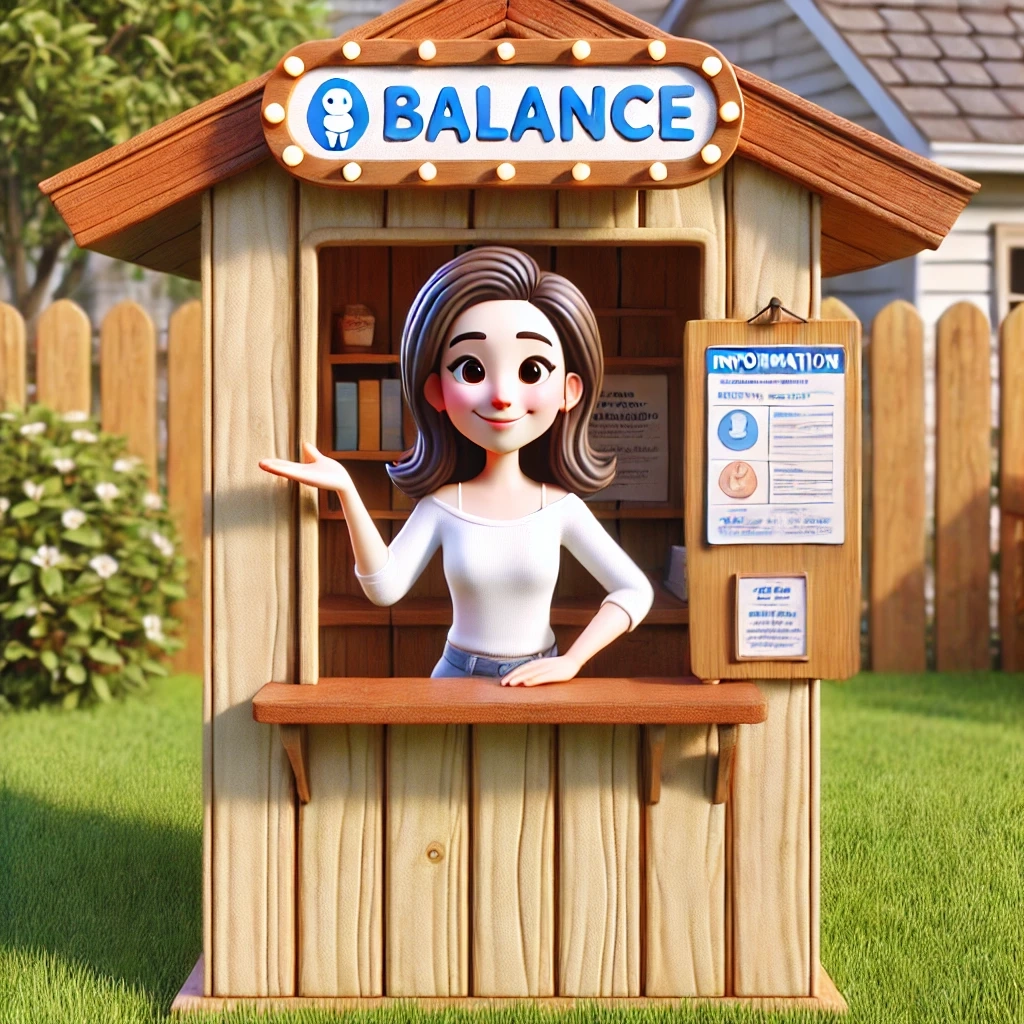 A 3D-animated illustration of a young woman standing at a wooden booth labeled 'Balance.' She is smiling warmly, dressed casually in a white top and gesturing with one hand. The booth has informational signs on the wall, and the setting is outdoors in a yard with greenery and a wooden fence, evoking a peaceful and balanced atmosphere." Keywords: balance, 3D animation, wellness, booth, calm, outdoors, peaceful, information, self-care, illustration, mindfulness.