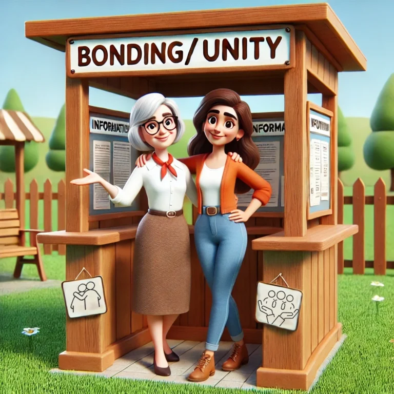 A 3D-animated illustration of two women standing together at a booth labeled 'Bonding/Unity.' One woman is older with short white hair and glasses, wearing a blouse and skirt, while the younger woman has long brown hair and is dressed casually in jeans and a cardigan. They are smiling with their arms around each other in a warm and supportive gesture. The booth is set in a peaceful outdoor environment with greenery, emphasizing themes of connection and togetherness." Keywords: bonding, unity, 3D animation, support, intergenerational, connection, community, outdoors, togetherness, family, illustration, warmth.