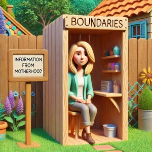 A 3D-animated illustration of a blonde woman sitting in a small wooden booth labeled 'Boundaries.' She has a calm expression and is dressed casually in a green jacket and gray pants. A sign next to the booth reads 'Information from Motherhood.' The scene is set outdoors in a bright, colorful garden with flowers and a wooden fence, evoking a peaceful and reflective atmosphere." Keywords: boundaries, motherhood, 3D animation, self-care, personal space, information booth, outdoors, garden, reflection, calm, illustration.