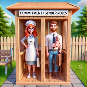 A 3D-animated illustration of a man and woman standing side by side in a booth labeled 'Commitment / Gender Roles.' The woman, dressed as a homemaker with an apron and glasses, holds a cookbook and stands on the left. The man, dressed in business attire, holds a baby and a briefcase, standing on the right. The scene is set outdoors with a wooden fence and greenery, creating a playful depiction of traditional gender roles." Keywords: commitment, gender roles, 3D animation, traditional roles, family, homemaker, business attire, parenting, outdoors, playful, illustration, societal norms.