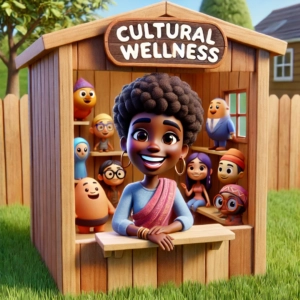 3D-animated illustration of a wooden booth labeled 'Cultural Wellness.' A smiling woman with curly hair, dressed in a colorful traditional outfit, stands at the front of the booth. Behind her is a diverse group of cartoon characters representing different cultures, ethnicities, and backgrounds, all happily gathered. The scene is set outdoors with green grass and a wooden fence in the background." Keywords: cultural wellness, diversity, inclusion, unity, 3D animation, wellness booth, cultural representation, community, cartoon characters, outdoor setting, traditional attire.