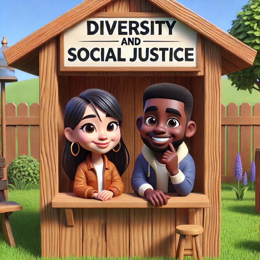 A 3D-animated illustration of two diverse characters, a young woman and a young man, standing at a wooden booth labeled 'Diversity and Social Justice.' Both are smiling warmly, with the woman wearing a casual jacket and the man in a hoodie. The scene is set outdoors in a bright, grassy yard with a fence and plants in the background, creating a friendly and welcoming atmosphere." Keywords: diversity, social justice, 3D animation, inclusion, equality, representation, community, booth, outdoors, illustration, friendly, welcoming, equity.