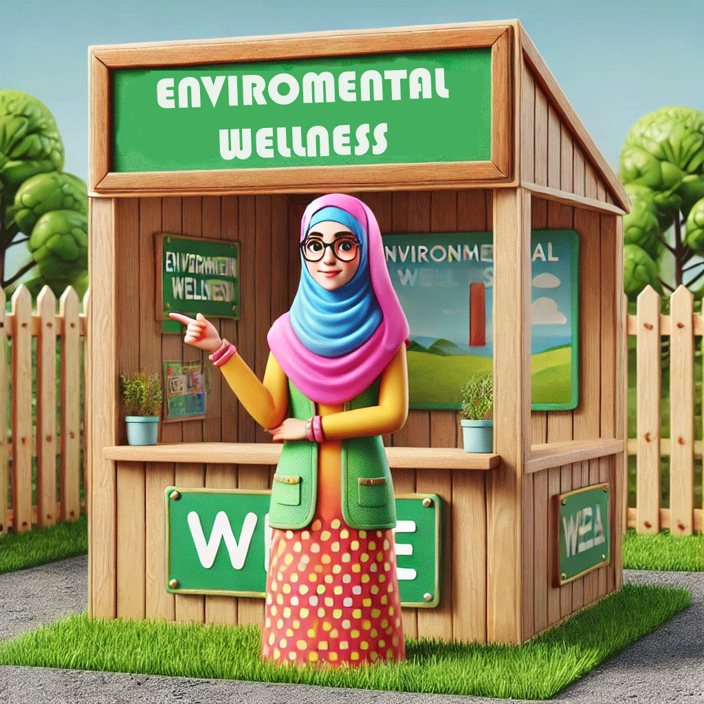 A 3D-animated illustration of a woman wearing a colorful outfit, including a hijab, standing in front of a wooden booth labeled 'Environmental Wellness.' The woman points confidently to the booth's sign, which highlights the theme of environmental awareness. The scene is set in a pleasant outdoor environment, surrounded by greenery, symbolizing a healthy and sustainable lifestyle." Keywords: environmental wellness, 3D animation, sustainability, green living, environmental awareness, wellness booth, eco-friendly, outdoors, hijab, community, healthy lifestyle.