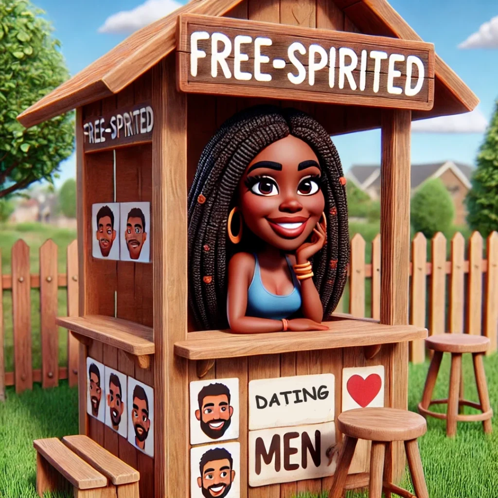 A cheerful, animated woman with long, braided hair sits in a wooden booth labeled Free-Spirited. She wears a blue tank top and has a bright smile. The booth advertises Dating Men with illustrations of various male faces attached to the booth's side. The booth is situated in a sunny outdoor setting with a wooden fence and trees in the background. Keywords: free-spirited, dating, men, booth, animated, braided hair, smile, outdoor scene, sunny day, self-expression.