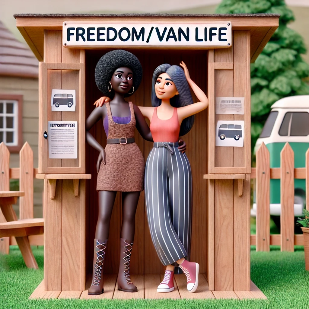 Two animated women stand in a wooden booth labeled "Freedom/Van Life." One woman has an afro hairstyle and is wearing a brown dress and lace-up boots, while the other woman has long hair, wearing a striped pants and a sleeveless top. They stand arm in arm, smiling with a relaxed and friendly demeanor. The background shows a serene outdoor setting with a van parked nearby, symbolizing a lifestyle of freedom, adventure, and van life. Keywords: van life, freedom, adventure, minimalist lifestyle, female empowerment, outdoor living, community, connection, animated characters, wellness journey.