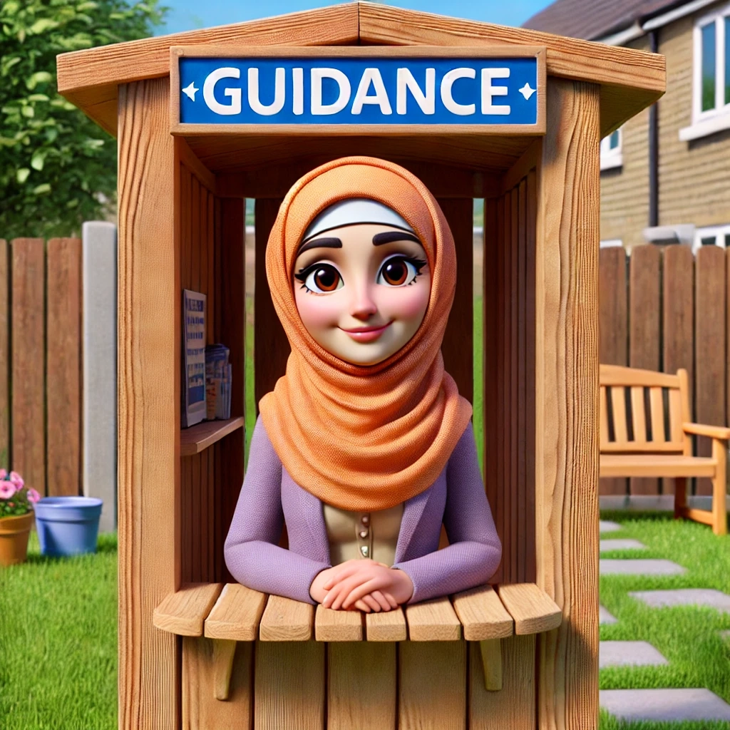 An animated young woman wearing an orange hijab and a lavender blazer sits inside a wooden booth labeled "Guidance." She smiles warmly, projecting an approachable and nurturing presence. Behind her is a well-kept backyard with a wooden fence, garden benches, and stepping stones. The setting evokes feelings of calm, safety, and wisdom. Keywords: guidance, supportive woman, hijab, wisdom, mentorship, animated character, wellness journey, calm environment, personal development, helpful presence.