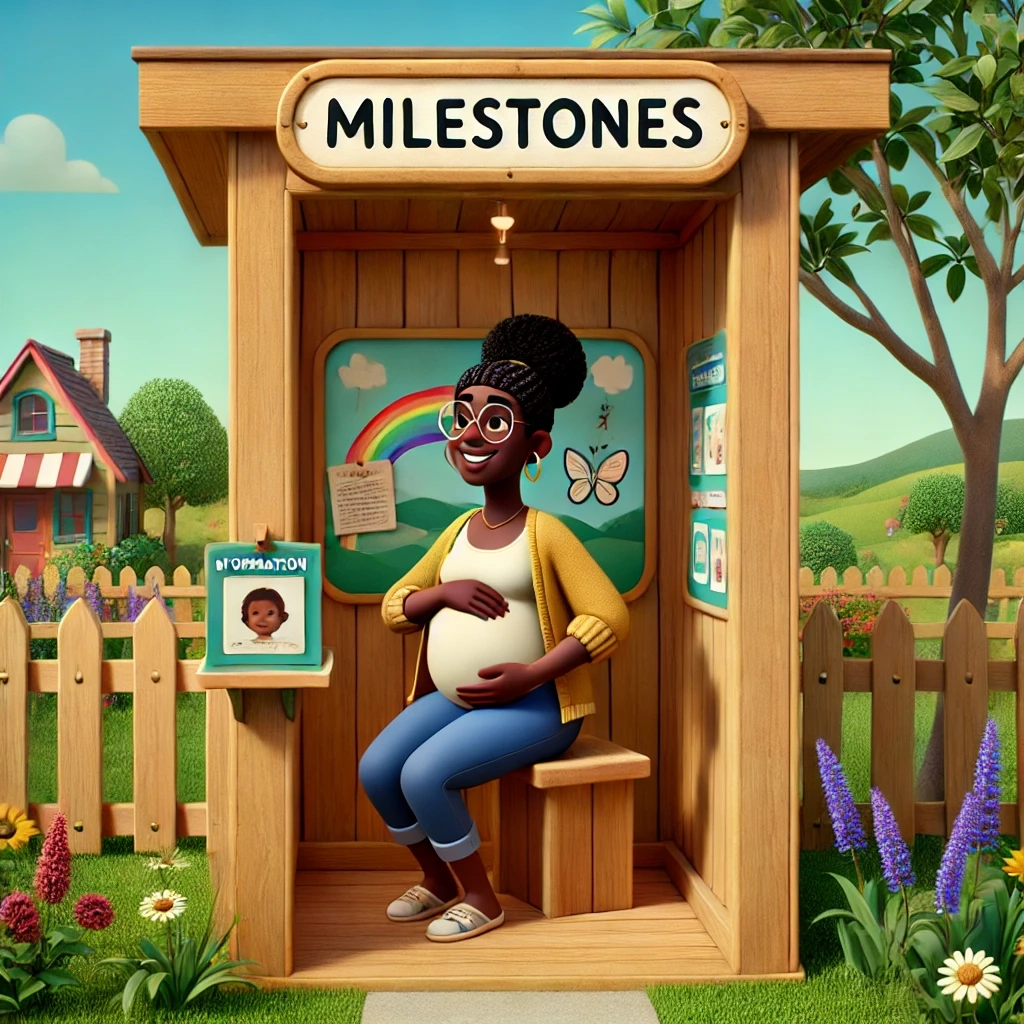 An animated pregnant woman with a joyful expression sits inside a wooden booth labeled "Milestones." She is holding her belly, wearing glasses, a yellow cardigan, and blue jeans. The booth is set in a vibrant garden with colorful flowers, a picket fence, and a rainbow poster behind her. There is also a small information sign featuring a baby picture. The scene conveys warmth, growth, and important life milestones. Keywords: milestones, pregnancy, animated character, garden scene, joyful woman, wellness, personal growth, life journey, achievement, family.